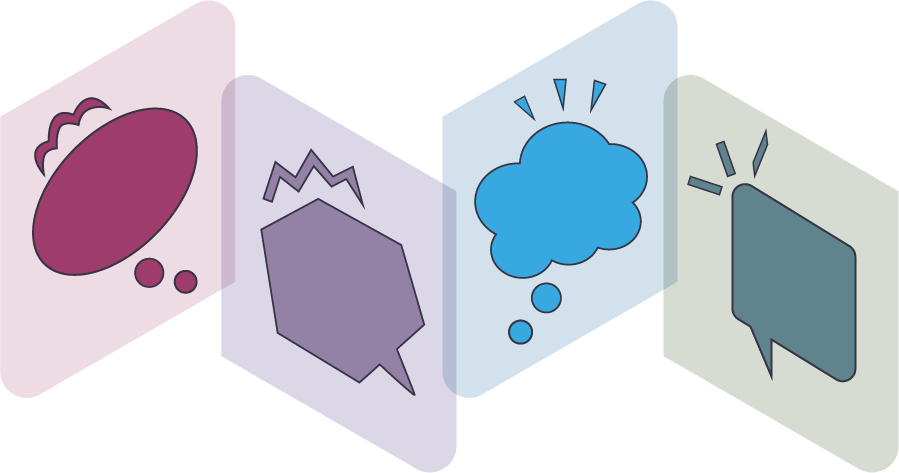Colored, multi-shaped speech bubbles suggesting surprise, alarm, agitation, and calm. 