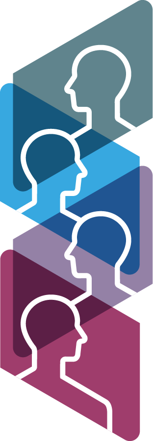 Interlocking outlines of faces over colored panes. 