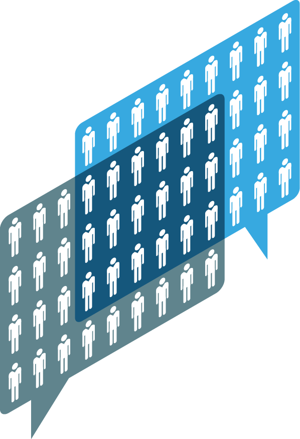 two overlapping speech bubles with figures of people a subset of which are shared between them. 